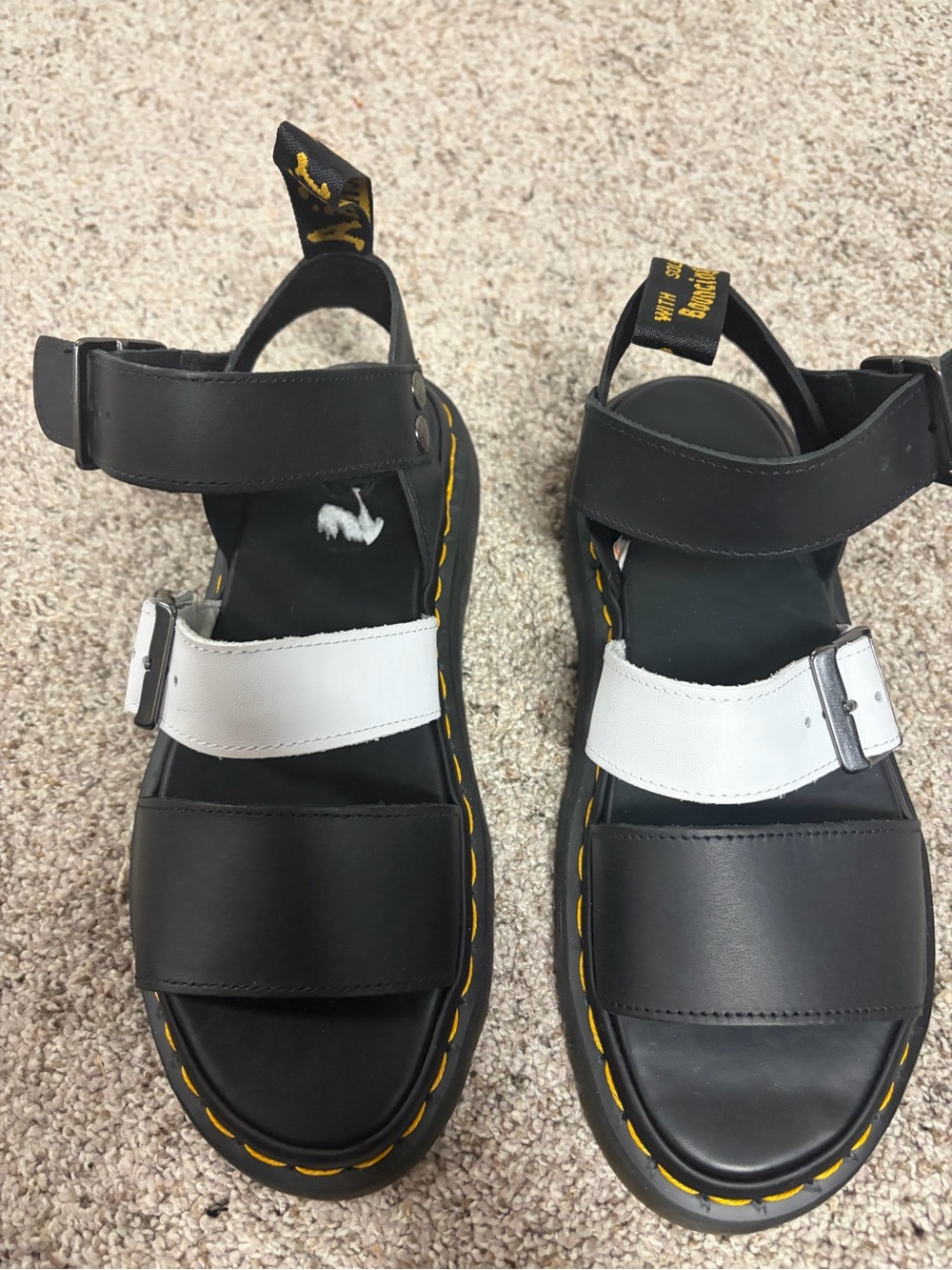 Dr. Martens Black and White Leather Buckle Strap Sandals